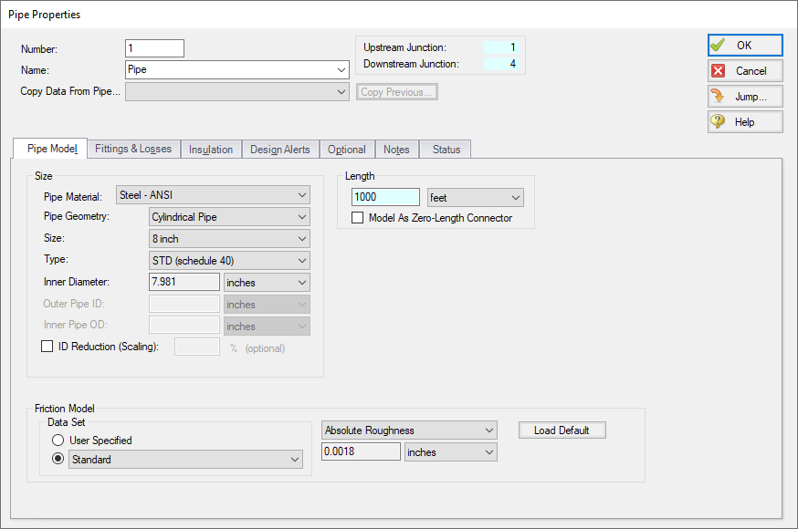 The fully defined Pipe Model tab of the Pipe Properties window.